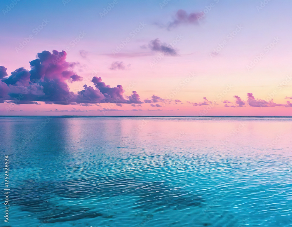 Fototapeta premium sea, sky, tropical paradise, maldives. pink sunset. pink, blue. landscape, horizon, background.