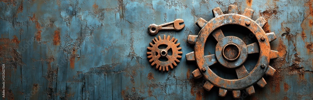 Industrial Wonders: Brushed Metal and Textures with Gears, Bolts, and Rust - A Cool-Toned Composition of Factory Intricacies. Industrial Wonders: Brushed Metal and Textures with Gears, Bolts, and Rust - A Cool-Toned Composition of Factory Intricacies.