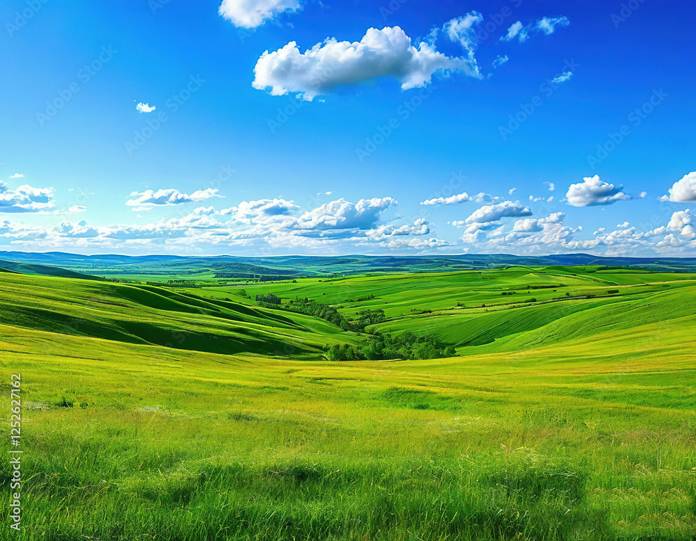 Fototapeta premium green grass, fields and hills to the horizon. bright blue sky. sunny day. summer landscape background.
