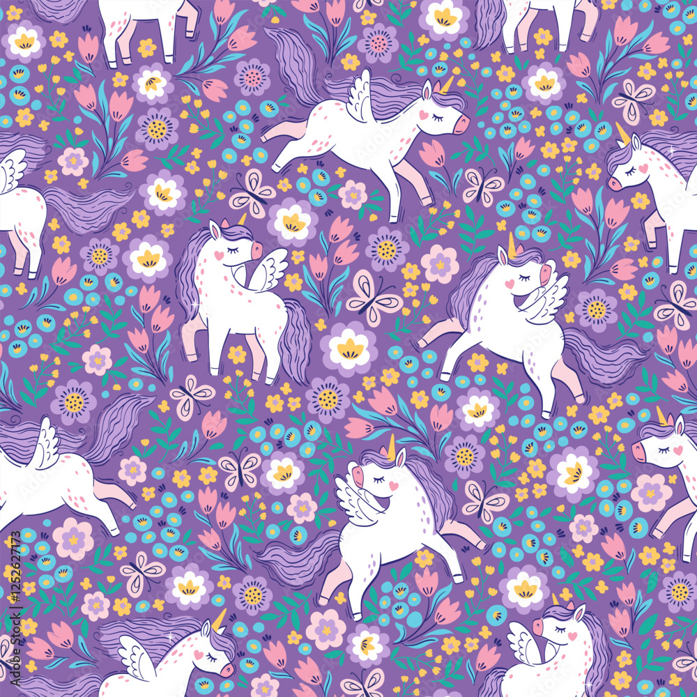 Unicorn with purple mane and tail. Vector hand drawn seamless pattern with cute unicorns on purple floral background Unicorn with purple mane and tail. Vector hand drawn seamless pattern with cute unicorns on purple floral background