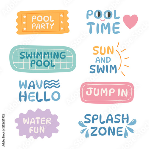 Vibrant colorful summer pool party stickers with hand drawn lettering. Swimming and water fun label