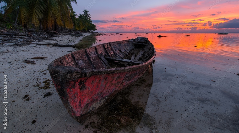 Wooden boat on beach at sunset, tranquil scene, coastal view, possible use for travel and nature photography Wooden boat on beach at sunset, tranquil scene, coastal view, possible use for travel and nature photography