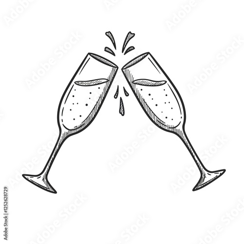 Hand-drawn two clinking champagne glasses icon with a sketch style look on a white background