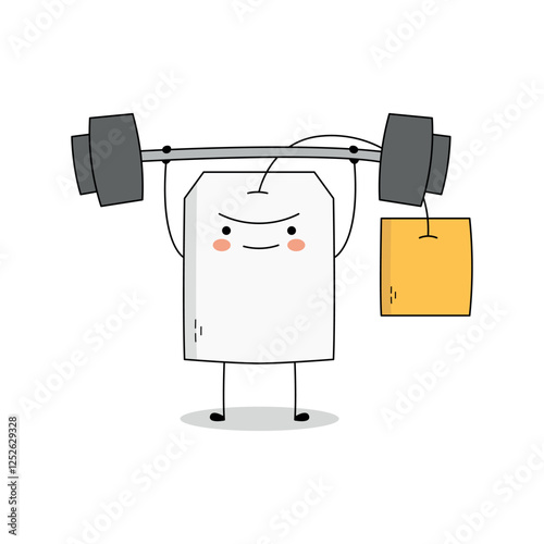 Cute tea bag cartoon character lifting barbell weight doodle