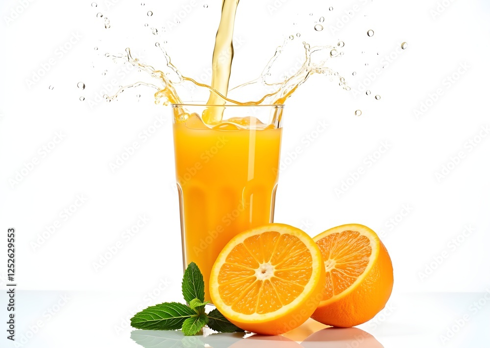 Fototapeta premium Orange juice pouring into glass. Fresh orange juice with oranges fruit on white background. Healthy nad diet concept.