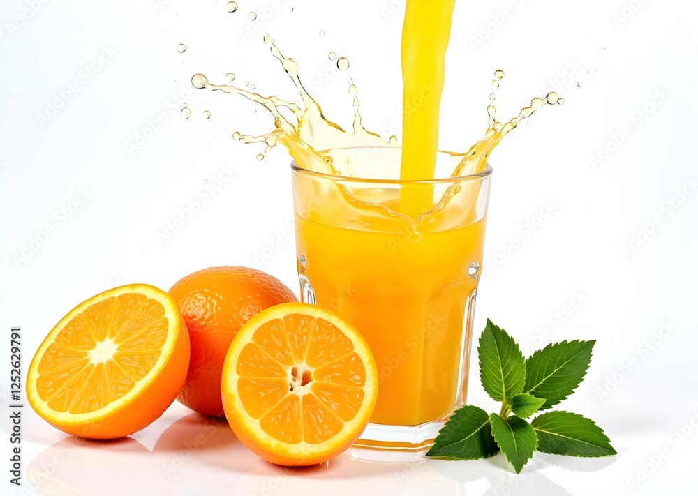 Fototapeta premium Orange juice pouring into glass. Fresh orange juice with oranges fruit on white background. Healthy nad diet concept.