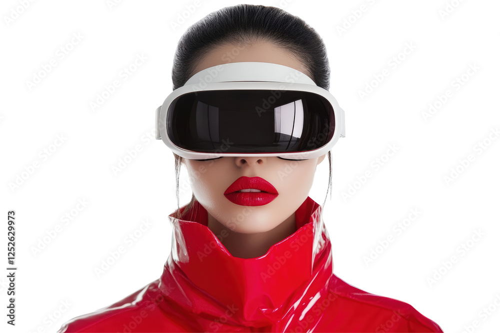Isolated Woman Wearing VR Headset and Red Jacket Isolated Woman Wearing VR Headset and Red Jacket