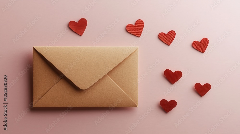 Beige Envelope With Red Hearts On Pastel Pink Background Beige Envelope With Red Hearts On Pastel Pink Background