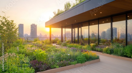 Rooftop Garden at Sunset with City Skyline
