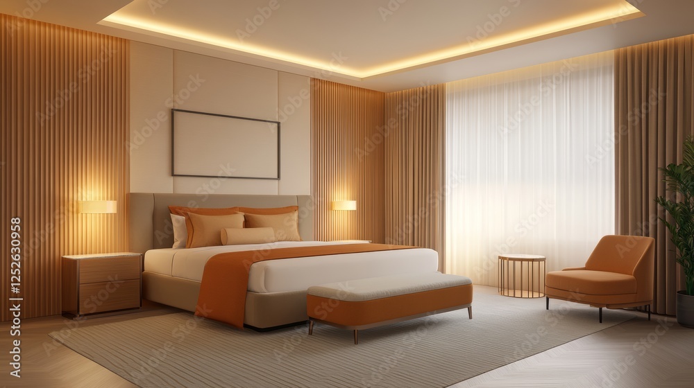 Fototapeta premium Modern Bedroom Interior Design with Orange Accents.
