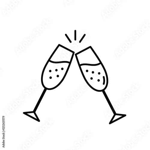 Minimalist two clinking champagne glasses icon with simple clean lines on a white background