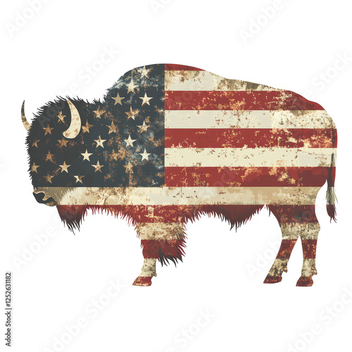 Isolated Rustic Buffalo Silhouette with Faded American Flag Design
