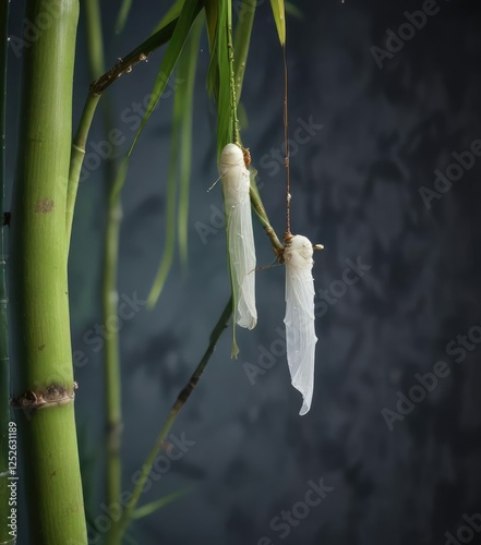Insect hanging from a bamboo cane with small white chrysalis, garden, bamboo, white