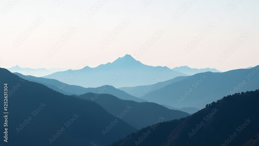 Obraz premium Distant Mountain Range, Minimalist Landscape (16:9)