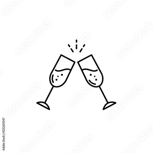 Minimalist two clinking champagne glasses icon with simple clean lines on a white background