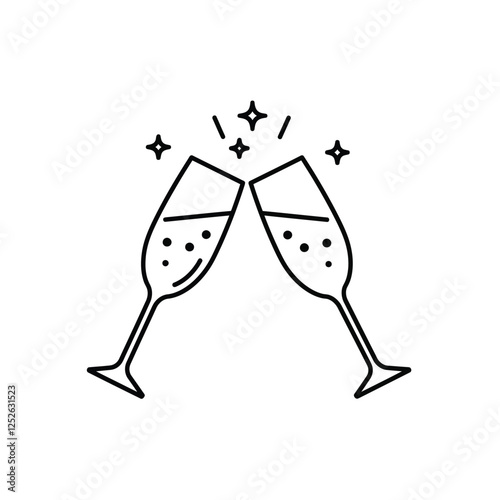 Minimalist two clinking champagne glasses icon with simple clean lines on a white background