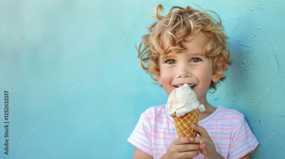 A young boy with curly blonde hair smiles while eating an ice cream cone. A young boy with curly blonde hair smiles while eating an ice cream cone.