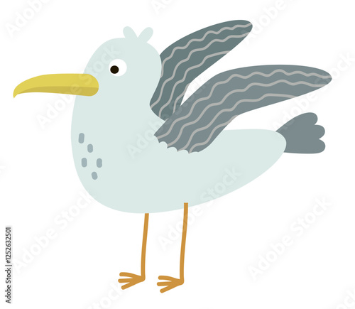 Hand drawn seagull flapping wings in flat style. Vector sea life object for your design.