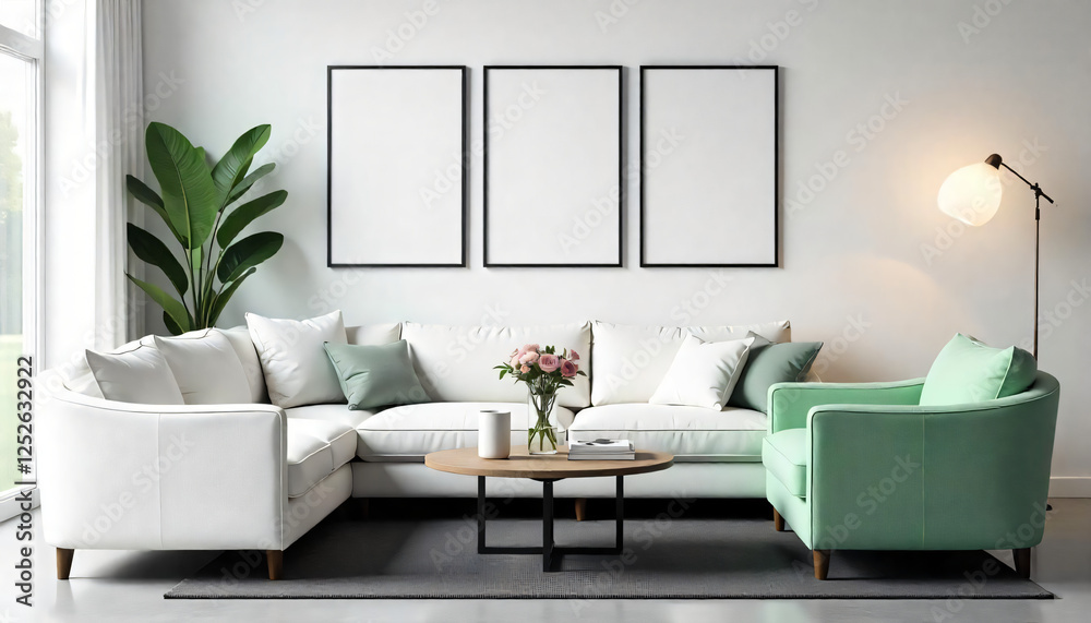 Obraz premium Modern Living Room Interior with Blank Frames and Stylish Furniture