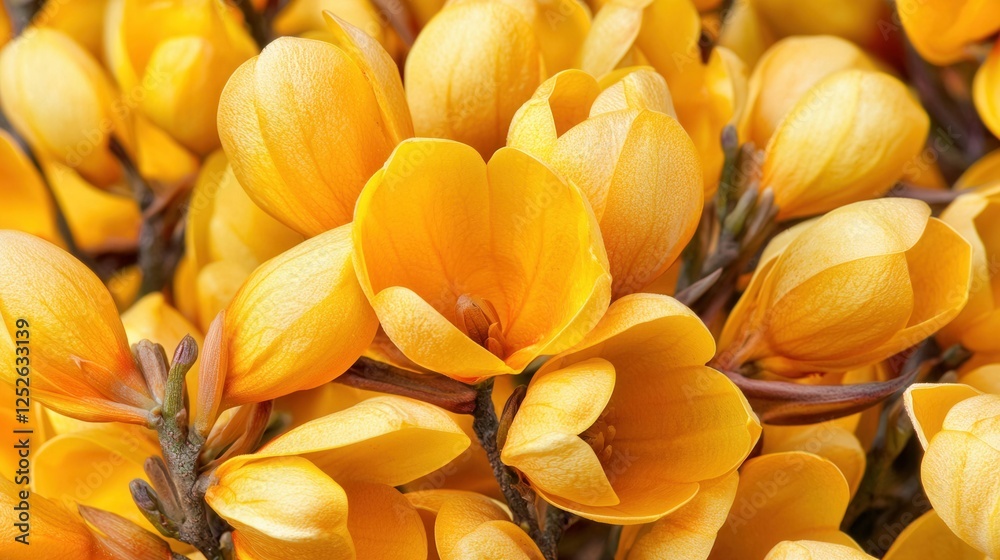 Obraz premium Close Up Of Bright Yellow Flower Blossoms With Water Droplets and Keywords yellow flowers,flower
