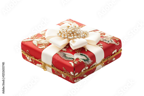 Isolated Ornate Red and Gold Gift Box with Beaded Bow