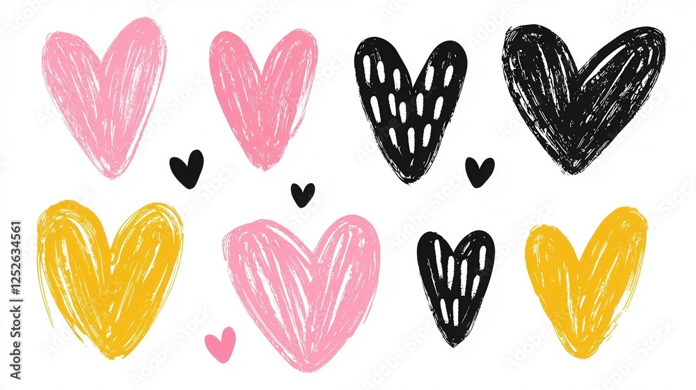 Collection Of Colorful Hand Drawn Hearts and Designs; Illustration Elements Set; Perfect For