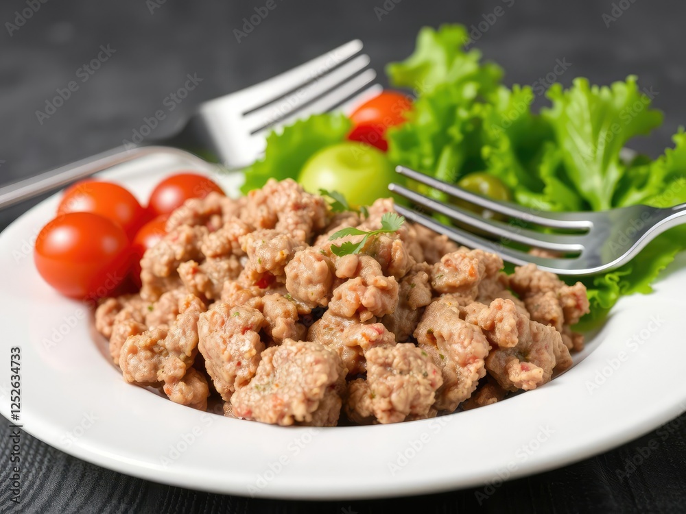 Minced pork on white plate with salad and fork in the background, utensil, cooking, equipment