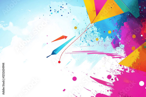 Colorful Abstract Kite Illustration with Splashes of Paint and Dynamic Brushstrokes