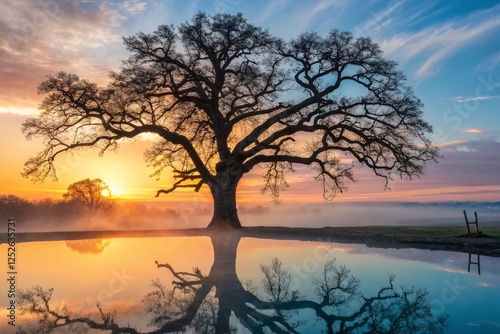 Golden Hour Silhouette: Majestic Oak Tree Reflecting in Calm Azure Waterskin