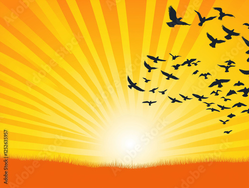 Silhouettes of Birds Flying at Sunrise with Warm Golden Light and Bokeh Effects