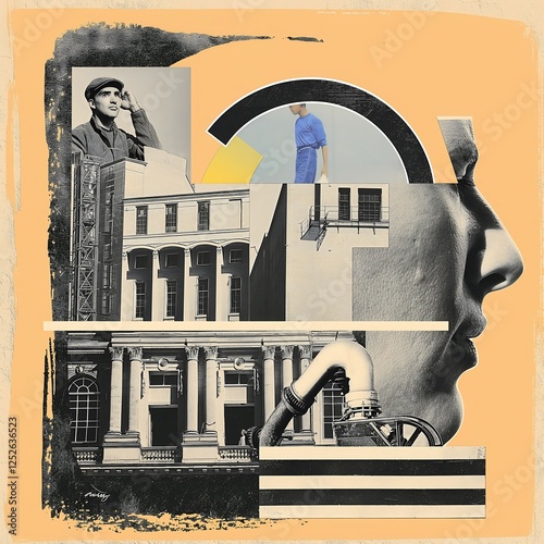 Collage showcases the essence of the industrial revolution, featuring vintage illustrations of factories, machinery, and workers captured in gritty sepia tones and textures