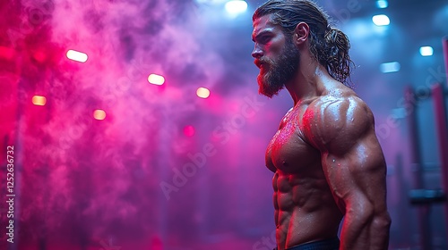 Sculpted Strength: A muscular man with long hair and a beard, showcasing his defined physique in a dramatic, dimly lit gym setting with pink and purple atmospheric smoke.  
