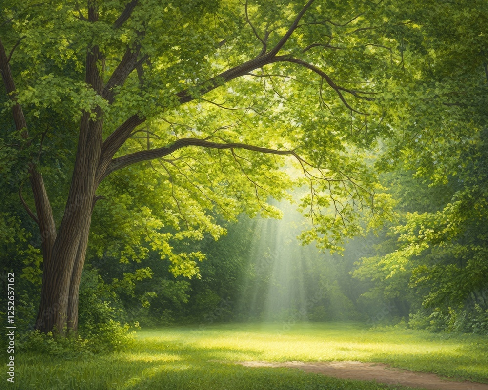 Obraz premium Sunbeams in a Green Forest.