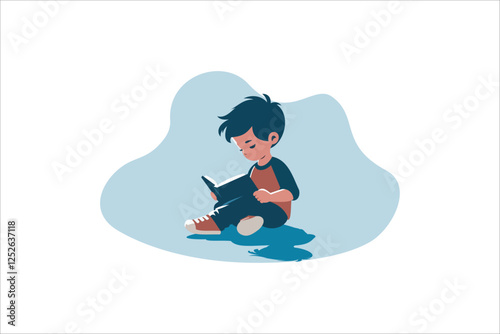 Illustration Kid Boy Study Learning Reading Book Looking for Inspiration. Vector illustration. photo