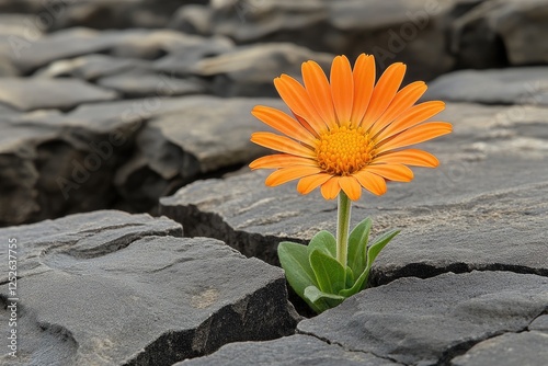 Resilient Orange Flower Blooming Between Cracks in Gray Rocky Surface