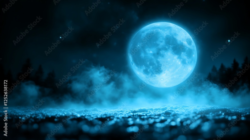 Fototapeta premium Mystical blue moon over foggy forest.