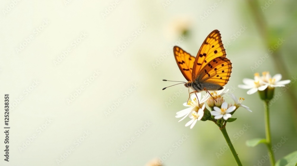 Fototapeta premium A vibrant orange butterfly delicately perched on a cluster of pristine white wildflowers, basking in the soft sunlight, creating a serene and picturesque natural scene.