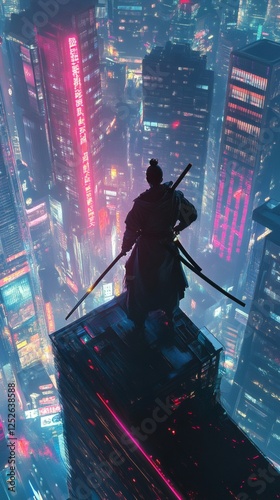 Cyberenhanced samurai a tech katana standing atop a skyscraper Neon city skyline below energy surging from the katana as it glows under the neon lights reflecting off glass buildings photo