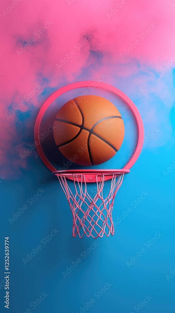 Basketball Hoop with Pink Smoke on Blue Background: Trendy and Vibrant Sports Concept Basketball Hoop with Pink Smoke on Blue Background: Trendy and Vibrant Sports Concept