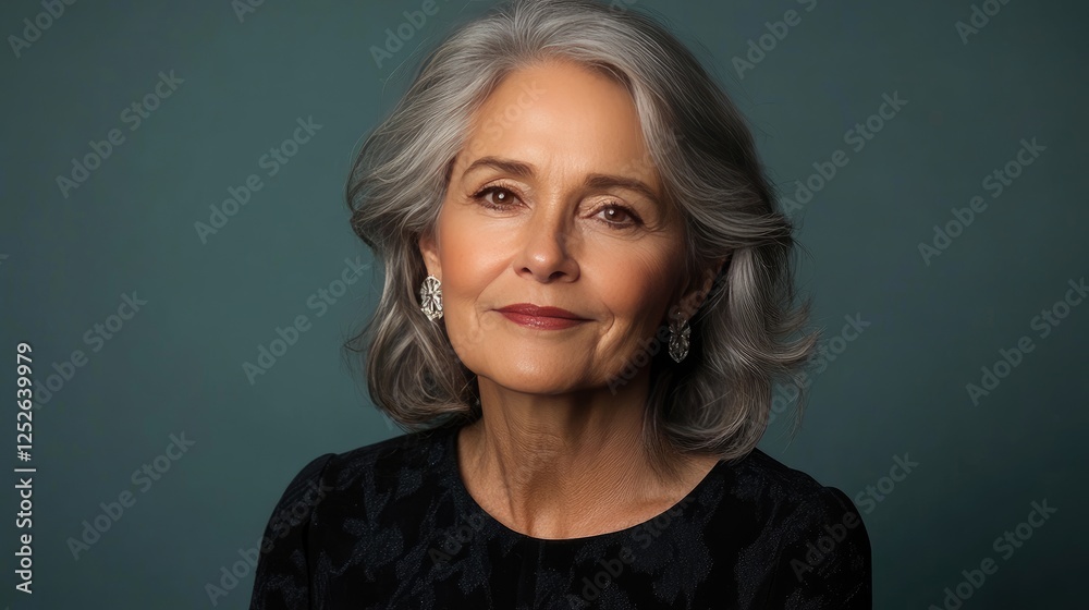Obraz premium Elegant Mature Woman with Gray Hair and Earrings Against Teal Background