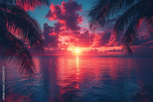 Dark palm trees silhouettes on colorful tropical ocean sunset landscape