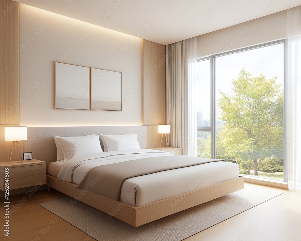 Fototapeta premium Modern Minimalist Bedroom Interior Design with Large Window