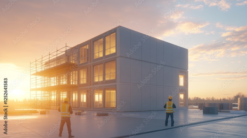 Naklejka premium Construction Workers Inspecting New Building at Sunset