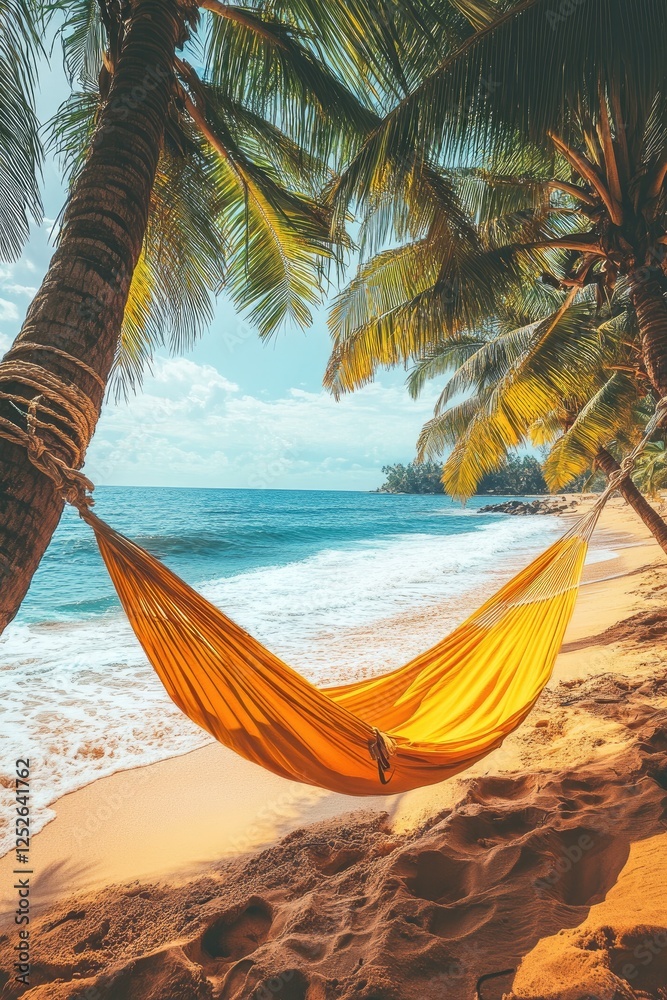 Naklejka premium Serene Tropical Beach with Orange Hammock Between Palm Trees on Sandy Shoreline