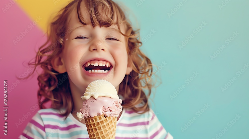 A little girl with curly blond hair smiles as she eats a double scoop ice cream cone. A little girl with curly blond hair smiles as she eats a double scoop ice cream cone.