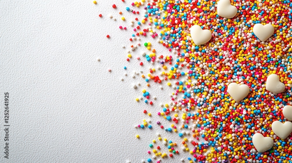 Fototapeta premium Colorful Sprinkles and White Hearts on a White Backgrounds