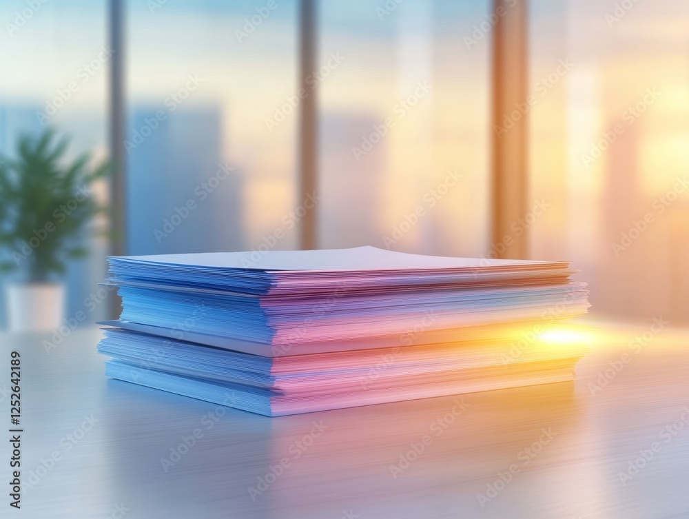 Stack of Papers in Office Setting at Sunset Stack of Papers in Office Setting at Sunset