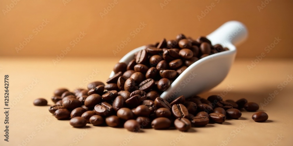 Aromatic Roasted Coffee Beans Cascading from a White Scoop onto a Neutral Surface Aromatic Roasted Coffee Beans Cascading from a White Scoop onto a Neutral Surface