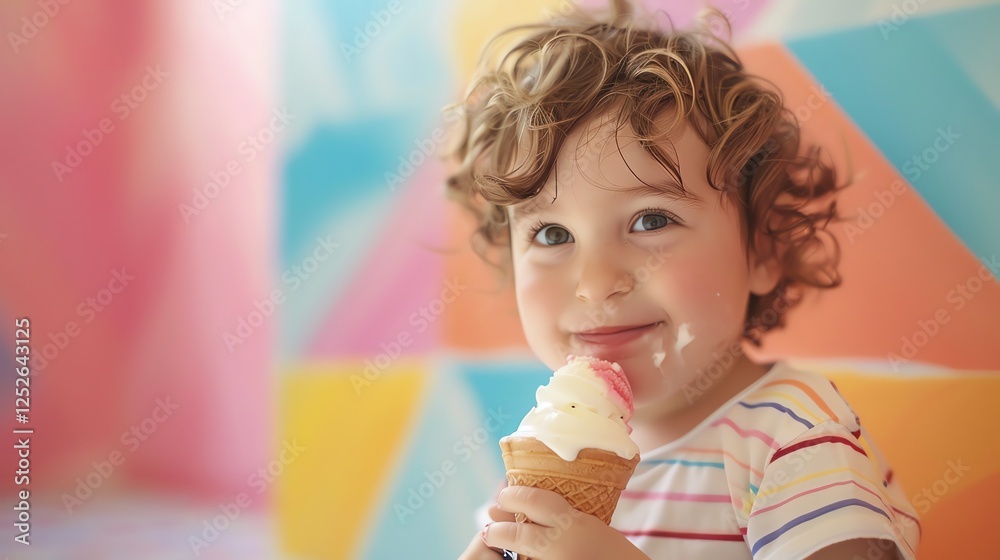 A young girl with curly blonde hair smiles as she enjoys a vanilla ice cream cone with a pink swirl and a colorful background behind her. A young girl with curly blonde hair smiles as she enjoys a vanilla ice cream cone with a pink swirl and a colorful background behind her.