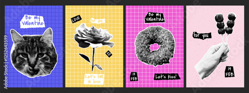 Trendy halftone collage Valentine's Day posters set. Cat, rose, donut, sweets. Dotted pop art style. Modern vector illustration.